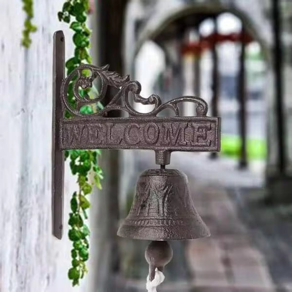 Mini Vintage Rust Cast Iron Welcome Doorbell, Lightweight Metal Hanging Wall Ornament, Small Farmhouse Courtyard Front Door Decor Accessory, Housewarming Outdoor Garden Gift